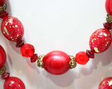 Cranberry Red 1950s Double Strand Necklace - 50s 60s - Freckled Goldtone Details - Filigree Caps - Office Jewelry - Secretary Style