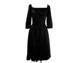 Size 6 Black Satin 50s Party Dress - Small 1950s Cocktail with Sequin Flourishes - Fitted Bodice Square Neckline Full Skirt - Waist 25.5