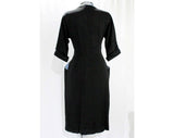 Size 4 1950s Dress - New Look Era Black Crepe 50s with Ascot - Wing Lapel - Nipped Waist - Blue Plaid Tie & Plaid Lining - Waist 25