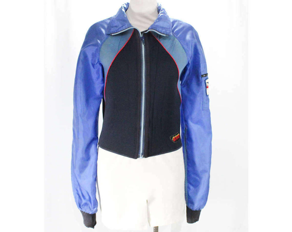 Size 4 Water Skier Jacket - ca. 1985 Jet Ski Owners Club - 1980s Blue Nylon Canvas & Neoprene Zip Front Athletic Jacket - Chest 33