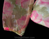 Size 10 Pink Roses Floral Blouse - 1960s Tailored Shirt with Pussycat Bow - Long Sleeved 60s Office Top - Sheer Pink & White Voile - Bust 38