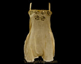 As Is 1920s Cotton Teddy - Size 2 Authentic Deadstock 20s Flapper Era Lingerie - Sheer Beige Camisole Panty - Embroidered Net - Bust 33