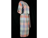 Large 1980s Missoni Dress - Short Sleeved - Big Checks Autumn Plaid Knit - Orange Blue Gray - Size 12 Designer 80s - Waist 28 to 34 - 40587