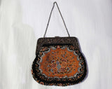Victorian Inspired 1930s Purse - Peach Gray Black Floral Needlepoint Bag - Cutwork Metal & Stone Cabochons - Antique Look 20s 30s Handbag