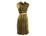 Size 12 1960s Gold Dress - Sparkling Metallic Lurex 60s Cocktail - Gorgeous Large Curvy Knit - Sleeveless Cowl Neck with Belt - Bust 38.5