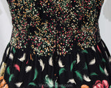 Size 6 Bohemian Sun Dress - 1940s Inspired Rayon Floral Summer Frock - 70s Prairie Boho Style Full Skirt - Black Pink Jade Green - Waist 26
