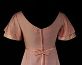 Size 6 Pink Evening Dress - 1960s Spring Empire Waist Gown - Pastel Garden Party - Satin Trim & Bell Sleeve - Long Tailed Bow - Bust 34.5