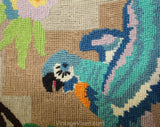 Needlepoint Fabric - Macaw Tropical Birds in Jungle Needle Point - Blue Green Pink 1970s 1980s Wool Yarn - Rectangular - 9.75 x 14.25 Inches