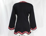 Size 8 Jean Muir Jacket - Black Stretch Knit Blazer with Wavy Scarlet Sequins - Red & Pink Aurora Borealis Trim - British Designer - Bust 35