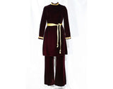 Size 4 Velvet Pant Suit - Gorgeous Burgundy Red 1960s Tunic & Flared Trouser - Metallic Gold Braid - Exotic Lavish Holiday Christmas Formal