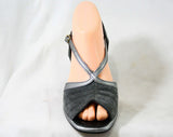 Size 6 Deco Style 70s Sandals - Metallic Silver & Gray Suede 1970s Shoes - 70's Deadstock - Peep Toe - Slingback - Hush Puppies - 43217-1