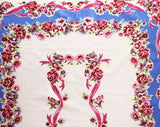 1940s Roses Tablecloth - Blue Pink White Feminine Cotton 40s 50s Table Cloth - Sweet Ribbon Garlands Flowers - Large Rectangle Border Print