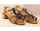 Size 7 Madras Plaid Sandals - 1950s Blue Summer Shoe - 50s Preppie Beach Resort Casual - Preppy - Wooden Heel - As Is Deadstock - 36881-1