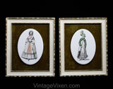 Pair Framed Pictures - Victorian Ladies Fashion Illustration - 1800s Regency Dress & 1830s Walking Dress - Antique Repro Prints on Porcelain