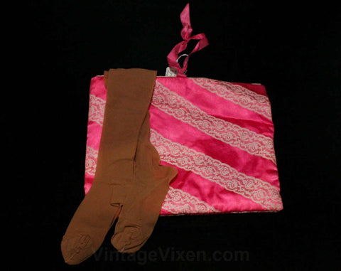 Schiaparelli Lingerie Case - 1950s 60s Designer Overnight Bag with Two Pairs Saks 5th Ave Stockings - Pink Lace Novelty Print Satin - 45308