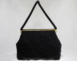 Black Beaded Evening Bag - 1950s Formal Purse - 50s 60s Caviar Beads Handbag - Elegant Rich Puffy Flowers Beadwork with Scallop Frame
