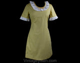 Size 10 Polka Dot 1960s Dress - Short Sleeve Perky Diner Style Frock - Tawny Goldenrod Yellow Flocked Dots & White Ruffles - Bust 38 - 50806