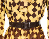 Size 10 1960s Ruffled Dress - Coffee Brown Crinkle Crepe Fit & Flare 60s Frock with Belt - Go-Go Style Ruffle Collar and Cuffs - Waist 29