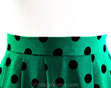 Size 6 Green Polka Dot Skirt - Emerald Jade & Black Silky Crepe - Matching Sash Scarf - 1980s Spring Pleated Pretty Office Wear - Waist 26