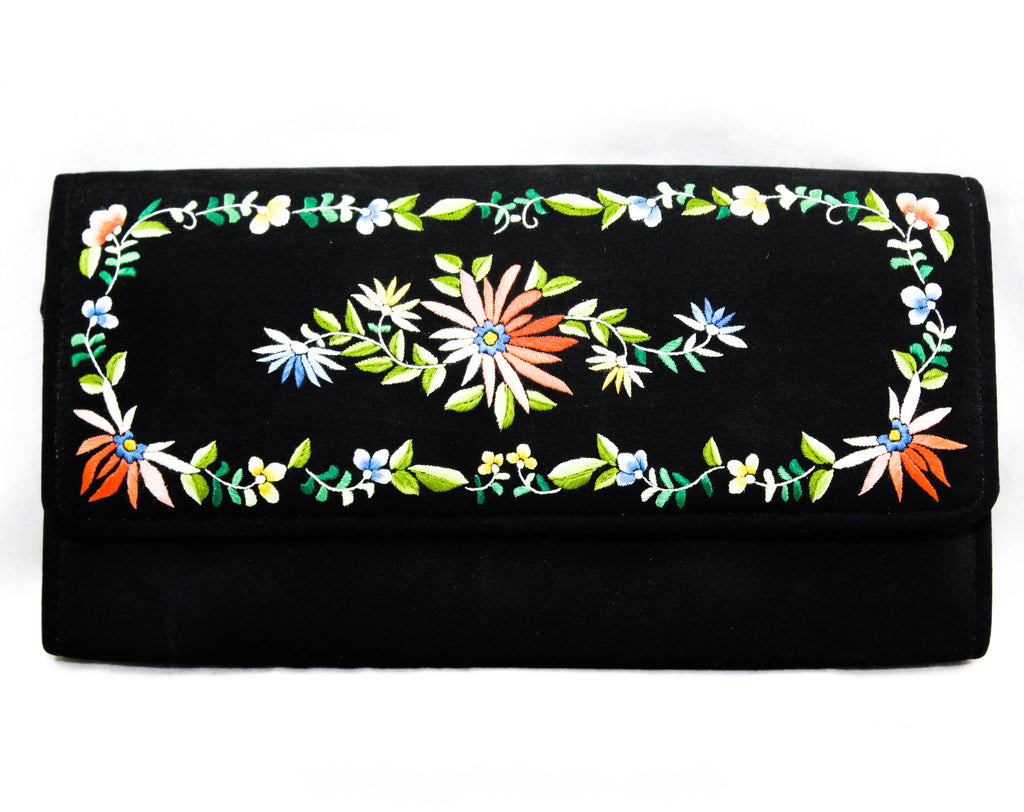 Asian Black Evening Handbag with Exquisite Embroidery - 1950s Formal Purse - Burnt Orange Blue Green Flowers - 50's Far East Envelope Clutch