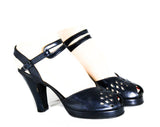 Size 5 1940s Peep Toe Shoes - Open Toe Navy Blue Leather Heels with Ribbon Candy Eyelet Cutwork - 40's Pin Up Pumps - 40s NOS Deadstock