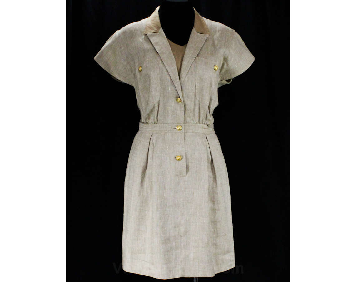 Size 8 Valentino Linen Dress - Tailored Khaki Short Sleeve ShirtDress Vintage Vixen Clothing Size 8 Valentino Linen Dress - Tailored Khaki Short Sleeve ShirtDress Vintage Vixen Clothing
