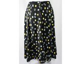 Size 12 Mid Century Skirt - Large 50s Flare Skirt - Novelty Print 1950s Rayon - Summer Palm Trees & Dots - Black Turquoise Yellow - Waist 31