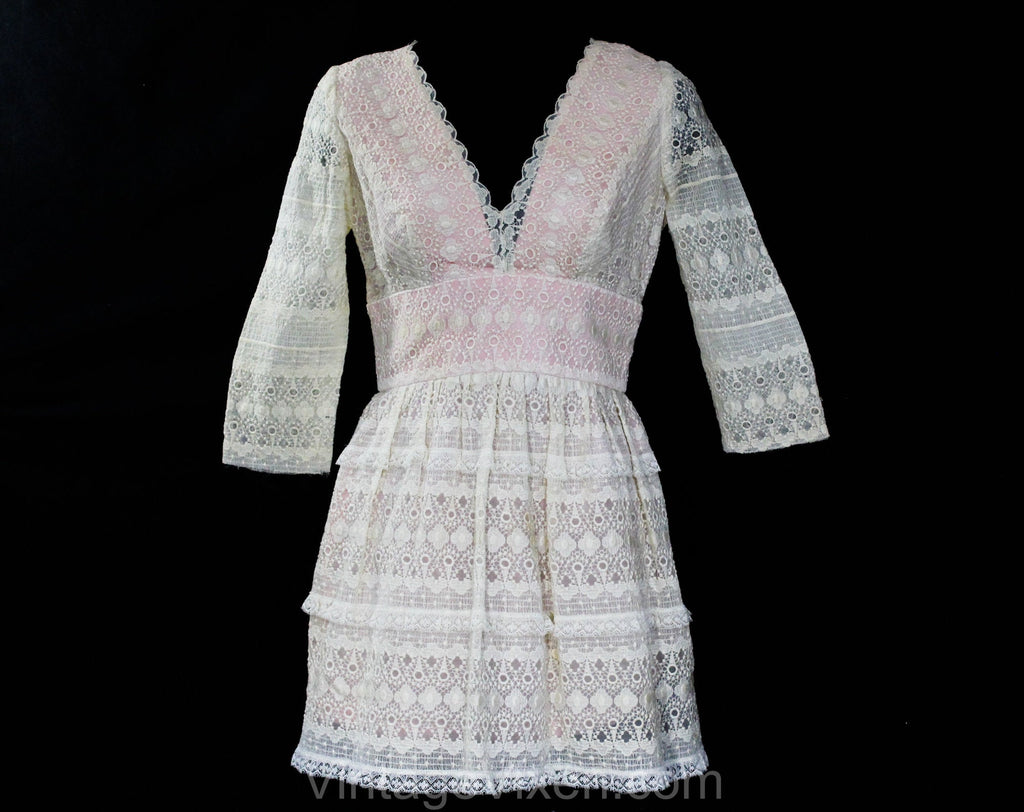 Size 6 White & Pink Mini Dress by Designer Victor Costa - Posh Small Ivory Embroidered Organdy with Pink Lining - Petite Length - Waist 26