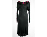 Size 6 Black Dress - Vampish 80s Black Jersey Sheath with Pink & Purple Sequins - Late 1920s Flapper Look - 1930s Style - Hip 36 - 40595