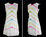 Size 6 Silk Dress - Sleeveless 1960s Summer - Colorful Chevrons & Bows - Ribbon Candy Stripes - White Tailored Dupioni - Pristine - Bust 36