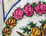 Magnificent Linen Tablecloth & Eight Matching Napkins - 1930s 40s Formal Dinner Embroidered Linens - Roses in Baskets Flourish Cross Stitch