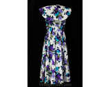 Size 14 1950s Style Dress - Large Purple Turquoise Floral Cotton Summer Frock with Wrap Bodice - Sleeveless Full Skirted 50s Look - Waist 32