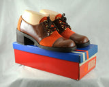 Size 8.5 Funkytown Shoes - 1960s Burnt Orange Suede Color Block Oxford Pumps - Rust Brown Wet Look Vinyl - Two Tone Lace Up - 8 1/2 Narrow