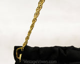 1950s Black Satin Purse - Elegant Evening Bag with Metal Tassels - 50s Formal Handbag with Glam Jewelry Inspired Chain Strap - Hinged Top