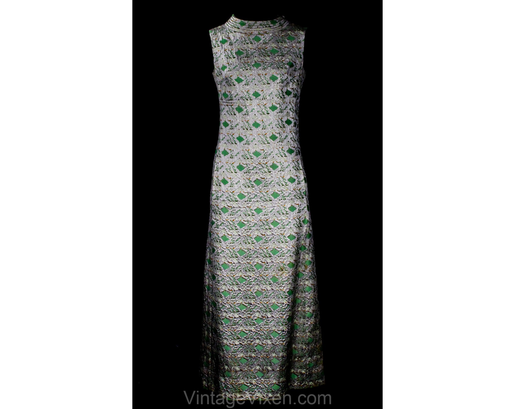 Size 6 Green Brocade Evening Dress - Sleeveless 1960s Pistachio Mint & Vintage Vixen Clothing Size 6 Green Brocade Evening Dress - Sleeveless 1960s Pistachio Mint & Vintage Vixen Clothing