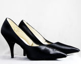 Size 7 1/2 Black High Heel Shoes - 1950s Glossy Satin Stilettos - Elegant 50s Pointed Toe 4-Inch Heel - Mid Century Cocktail Evening - 7.5 M