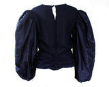 Size 8 Designer Evening Top - Gorgeous 1980s Navy Blue Silk Blouse by Bill Blass - Balloon Sleeve & Sheer Bodice - Ballroom Formal - Bust 35