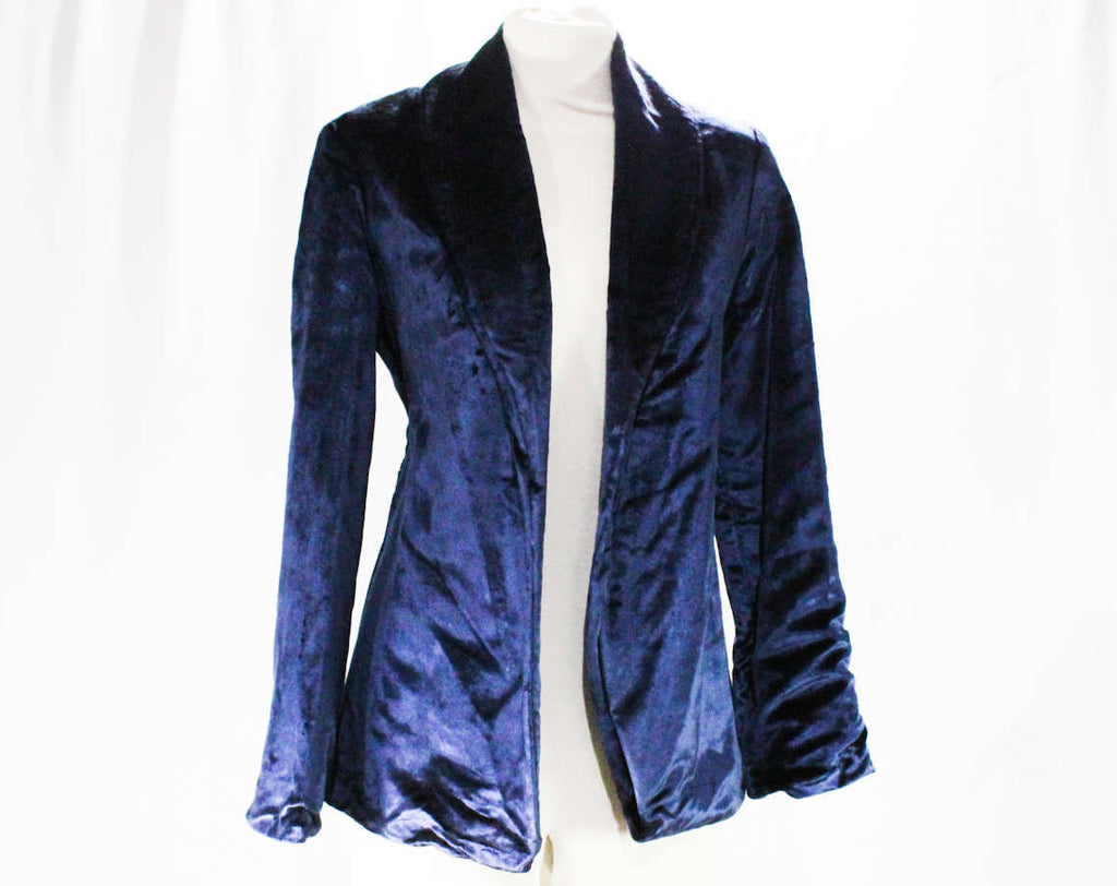 Size 6 Navy Panne Velvet 1960s Jacket - Gorgeous 60s Rock Star Blazer - Open Front - Sumptuous From Seventh Avenue Showroom NYC - Bust 34