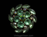 1950s Green Rhinestone Brooch - Peridot Hue Glass & Aurora Borealis Stones - 50s 60s Flashy Round Pin - Spring Colors Jewelry - 50544