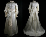 Size 8 Wedding Dress - Regency Ivory Satin Bridal Gown with Daisy Pearls & Detachable Train - Long Sleeved Empire Style - Bust 34.5 - 34155
