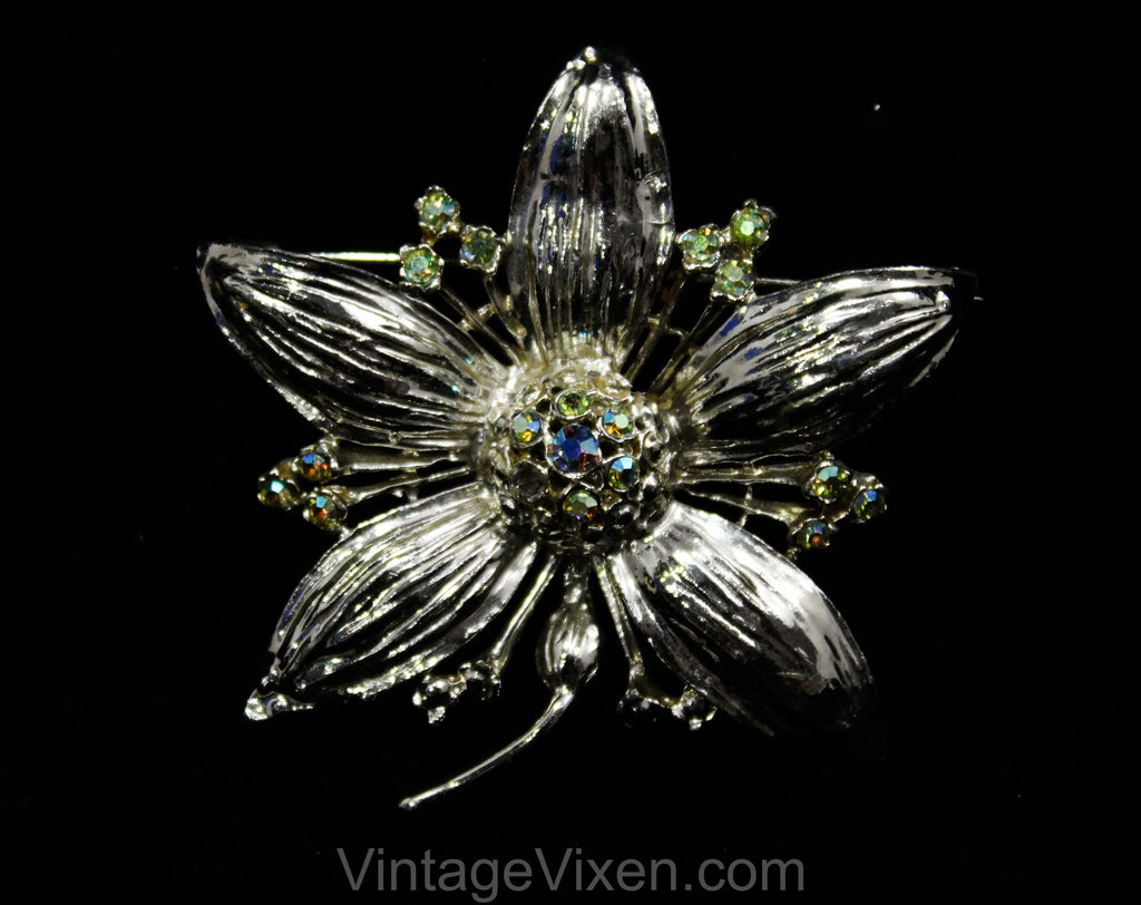 Bold Silver Flower Brooch - 1960s Five Petal Floral Pin - Aurora Borealis Rhinestones - Silvertone Metal - 60s Mid Century Classic - 50618