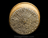 1930s 40s Korean Basket with Lid - Asian Tan Woven Reeds - Yin Yang Style Natural Vegetable Dyes - Eastern Round Container 9 1/2" Diameter