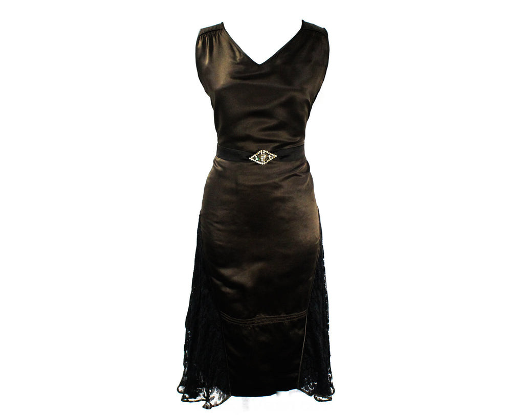 Size 8 1920s Flapper Dress - Authentic Gatsby Style Party Cocktail with Art Deco Buckle - Brown Silk Satin & Fragile Black Lace - Bust 35.5