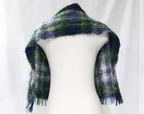 Plaid Mohair Scarf - Navy Blue & Forest Green Tartan Shawl - Made in Scotland - Rectangular Fuzzy Wool with Fringe - Warm Coat Neck Wrapper