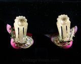 60s Coral Pink & Orange Earrings - Summer Late 1950s Clip Style Cluster Earrings - Crackle Glass Beads - Art Collage Jewelry - 42414