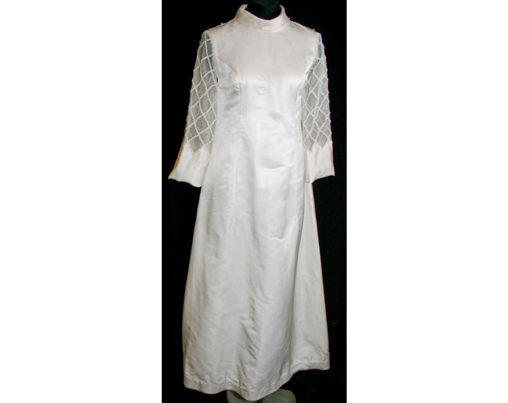 Size 8 Wedding Dress - Moderne 1960s Satin Bridal Gown with Lattice Pearl Sleeves & Detachable Train - Bust 35 - NOS Deadstock - 31886-1