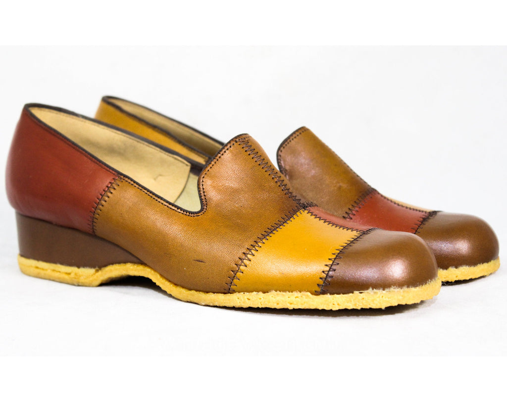 Size 7.5 1970s Platform Shoes - Rust Gold & Brown Hippie 1960s Patchwork Leather Shoe - Unworn 7.5 Narrow - Stitched Patches - 60s Deadstock