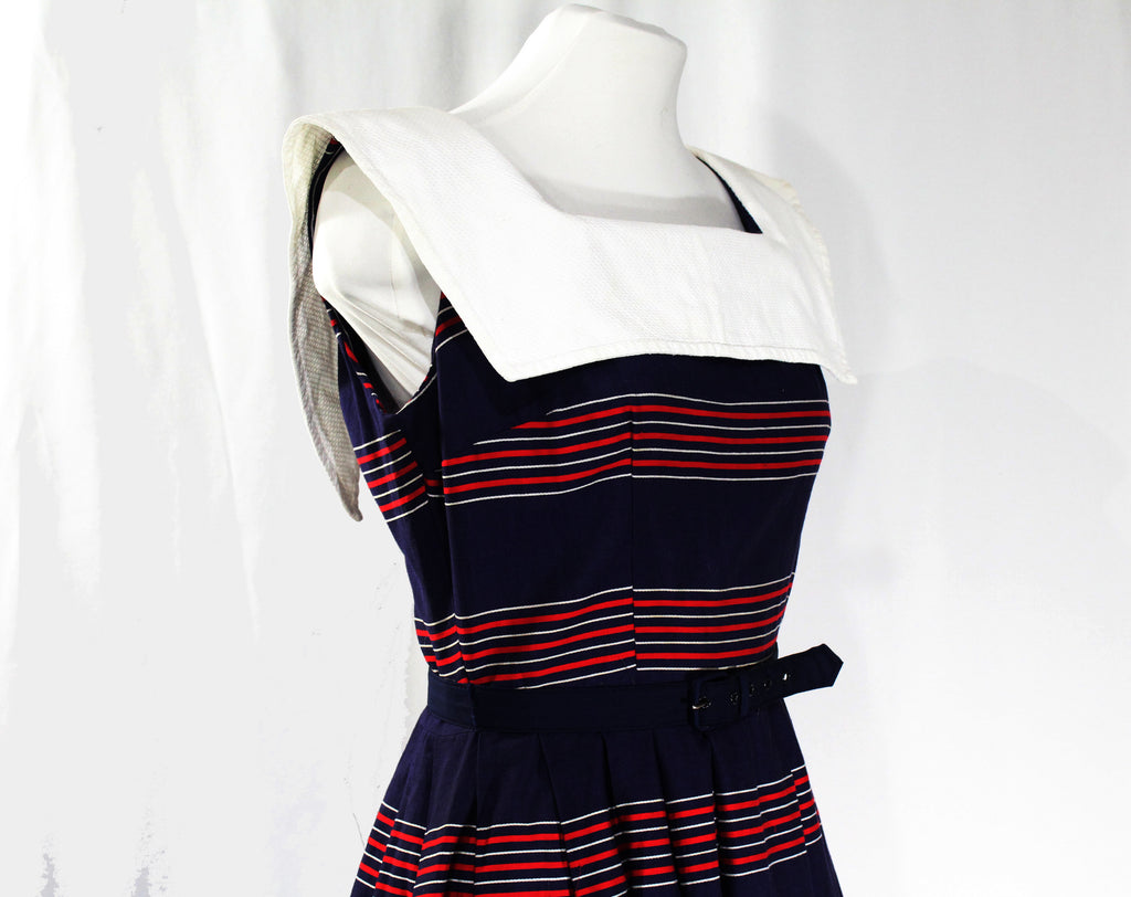 Size 6 1950s Sailor Dress - Navy Blue & Red Striped Cotton - Nautical Vintage Vixen Clothing Size 6 1950s Sailor Dress - Navy Blue & Red Striped Cotton - Nautical Vintage Vixen Clothing