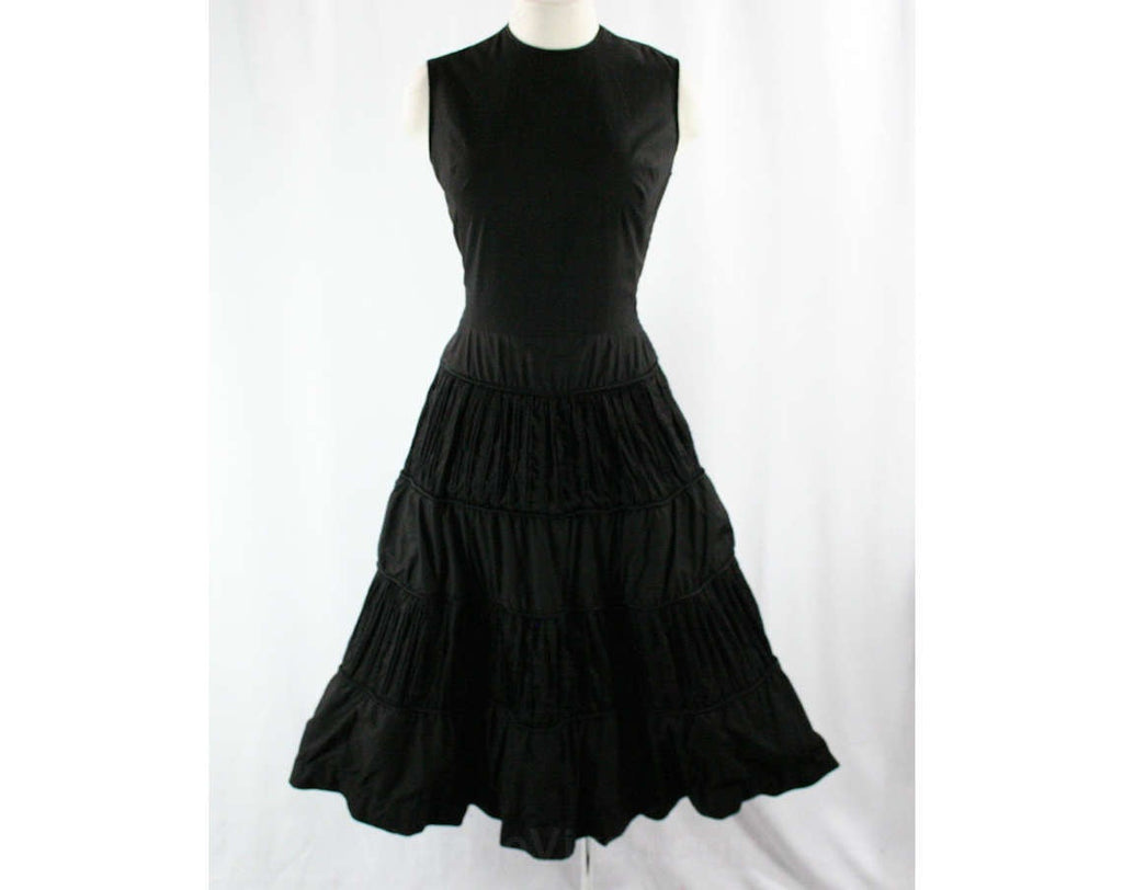 Size 8 1950s Dress - Victorian-esque 50s Black Sun Dress - Fitted Bodice - Tiered Full Skirt - Black Cotton - Summer - Waist 26.5 - 42945