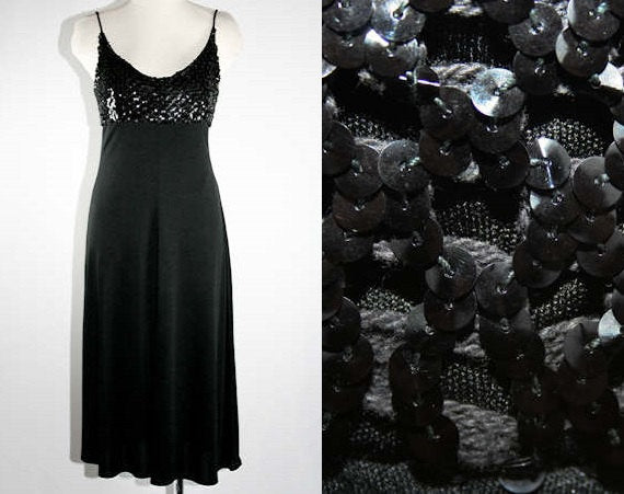Size 8 Disco Party Dress - Black Sequin & Jersey Cocktail Dress - 70s Glamour - Strappy - Elegant 70s Evening - Empire - Bust 34.5 - 38989